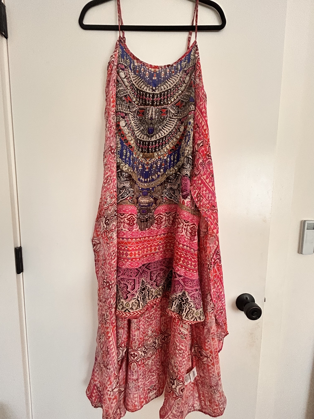 Bohemian Pink Printed Maxi Dress with Embellished Neckline- Camila Inspired